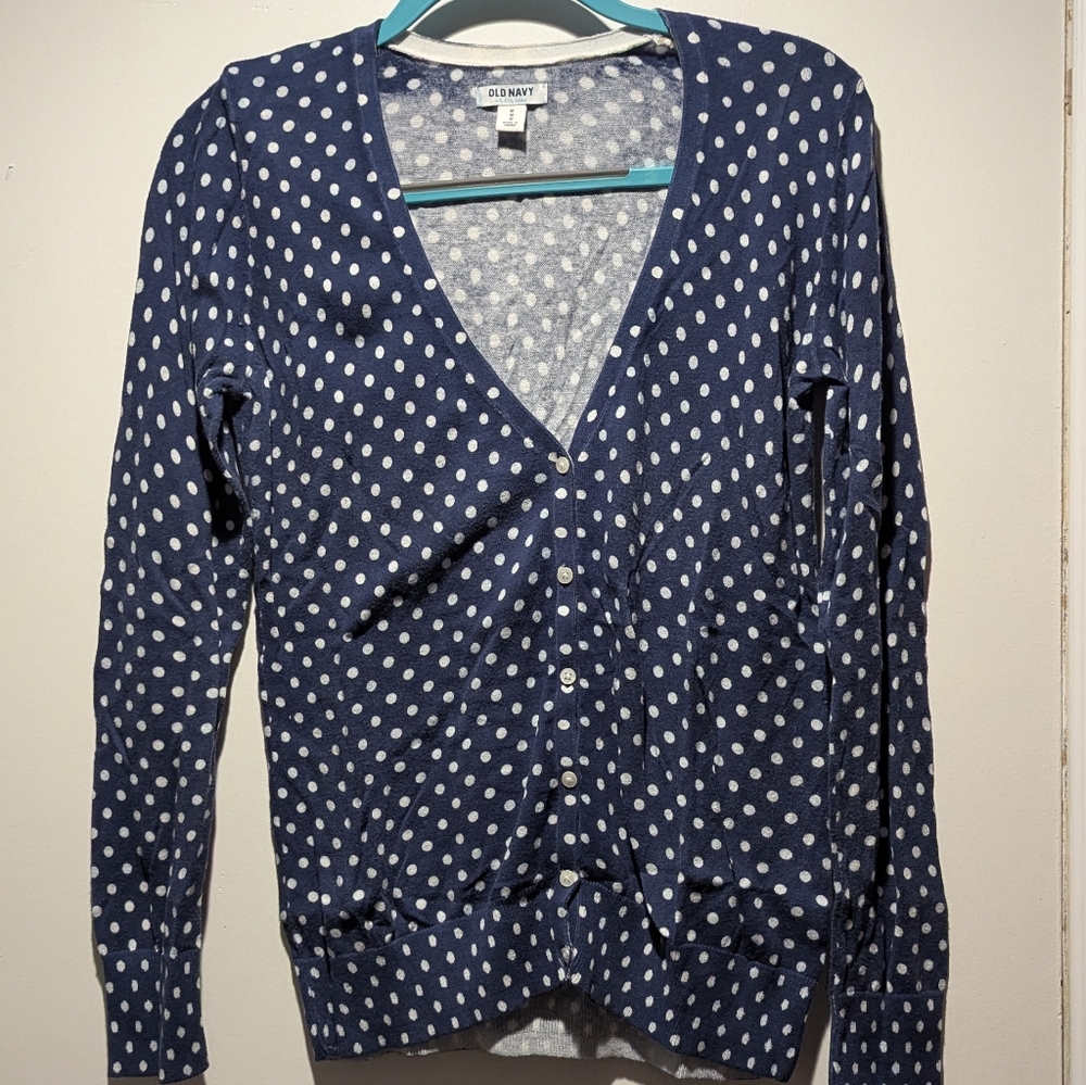 Old Navy Navy Blue and White Polka Dot Cardigan
